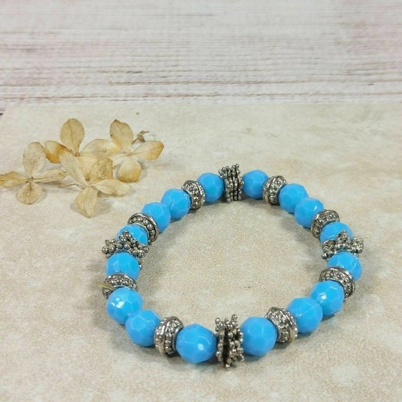 Blue & Silver Stones Beaded Bracelet Gemstones Beads Jewelry Jewel Trinket Gift - Picture 9 of 10